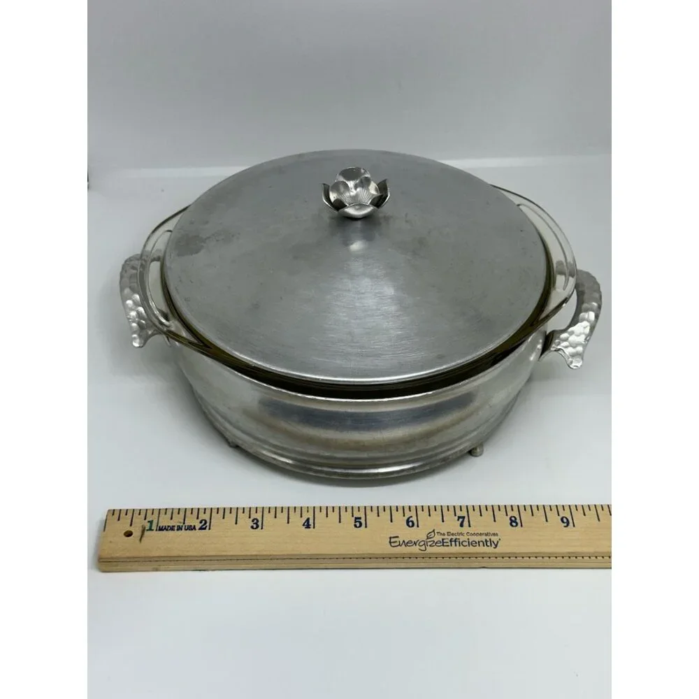 VTG Hammered Aluminum Casserole Server w/ Pyrex Liner & Lid | MCM Food Warmer‎